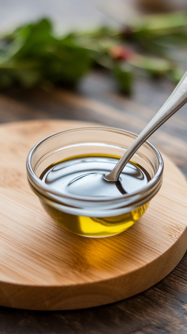 A small bowl of olive oil and balsamic vinegar dressing on a wooden surface.