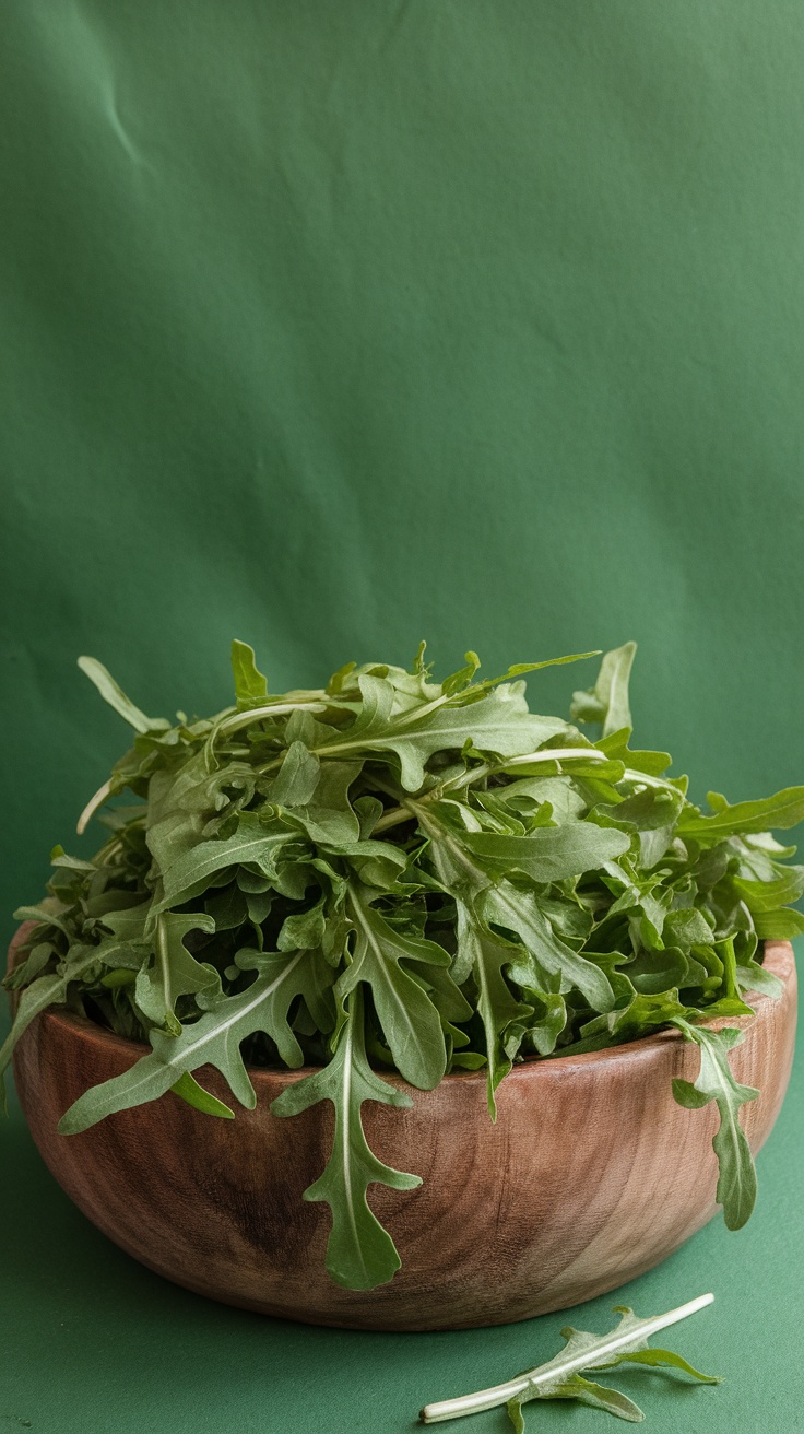 A fresh bowl of arugula leaves ready for a salad.