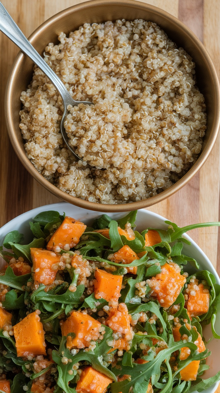 Quinoa mixed with roasted sweet potatoes and arugula salad