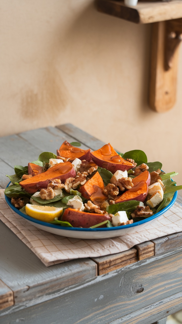 A delicious salad featuring roasted sweet potatoes, arugula, walnuts, and feta cheese, drizzled with honey and garnished with lemon.