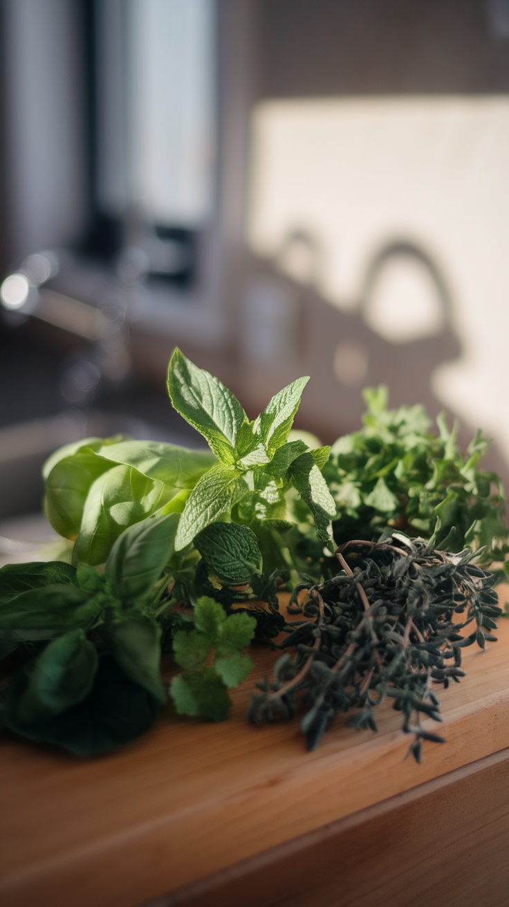 Fresh seasonal herbs on a countertop