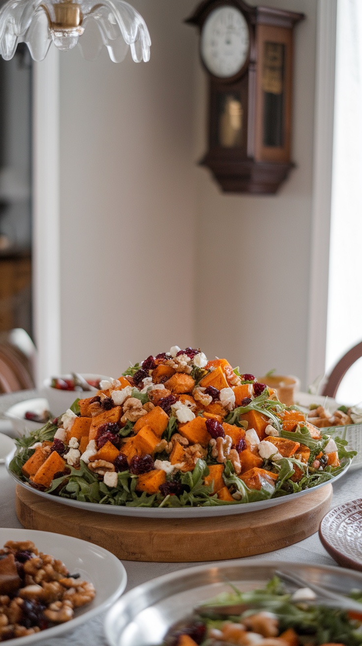 A vibrant Sweet Potato Arugula Salad served in a large bowl with toppings.