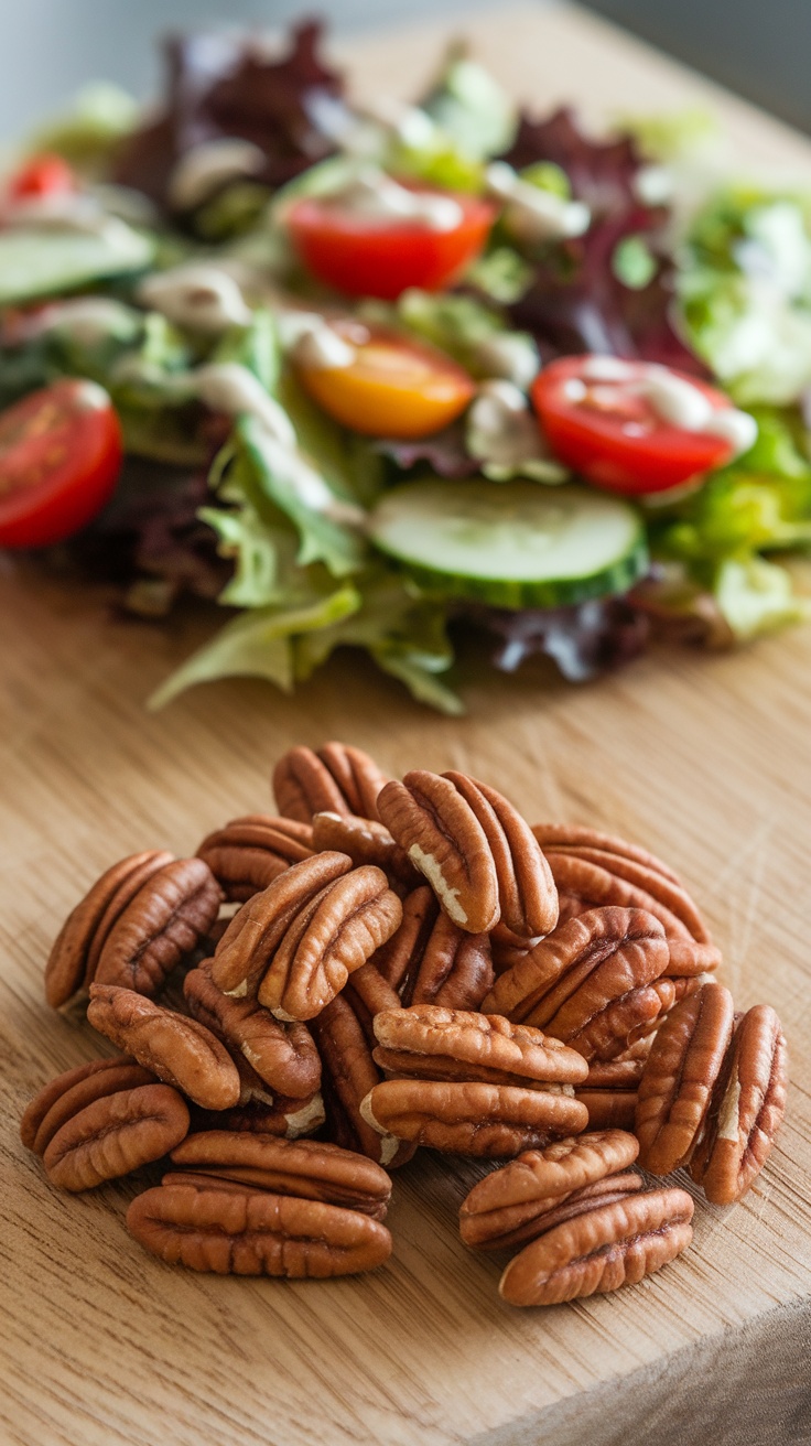 Toasted pecans on a wooden surface