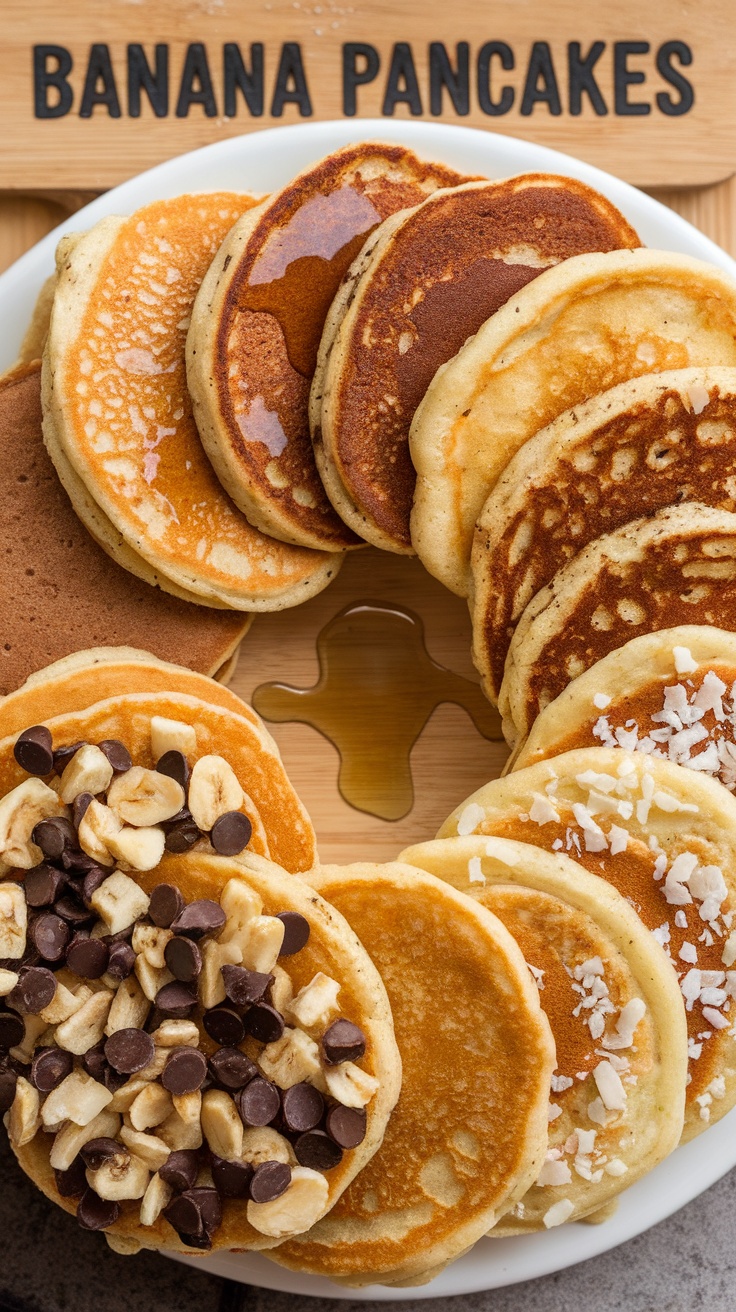 A plate of banana pancakes with various toppings, including chocolate chips, banana slices, coconut flakes, and syrup.