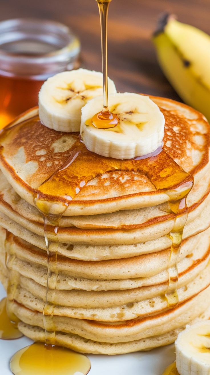 A stack of fluffy banana pancakes drizzled with syrup and topped with banana slices