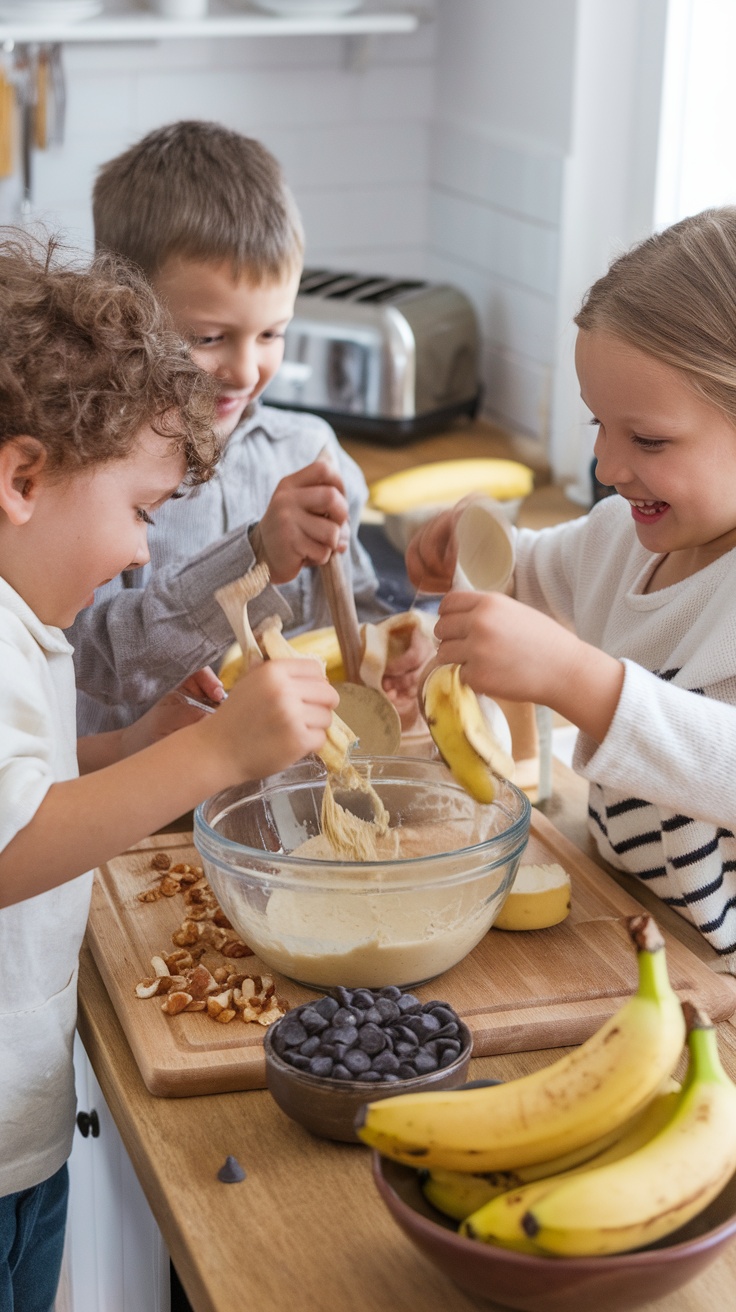 Children enjoying cooking together while making banana pancake batter