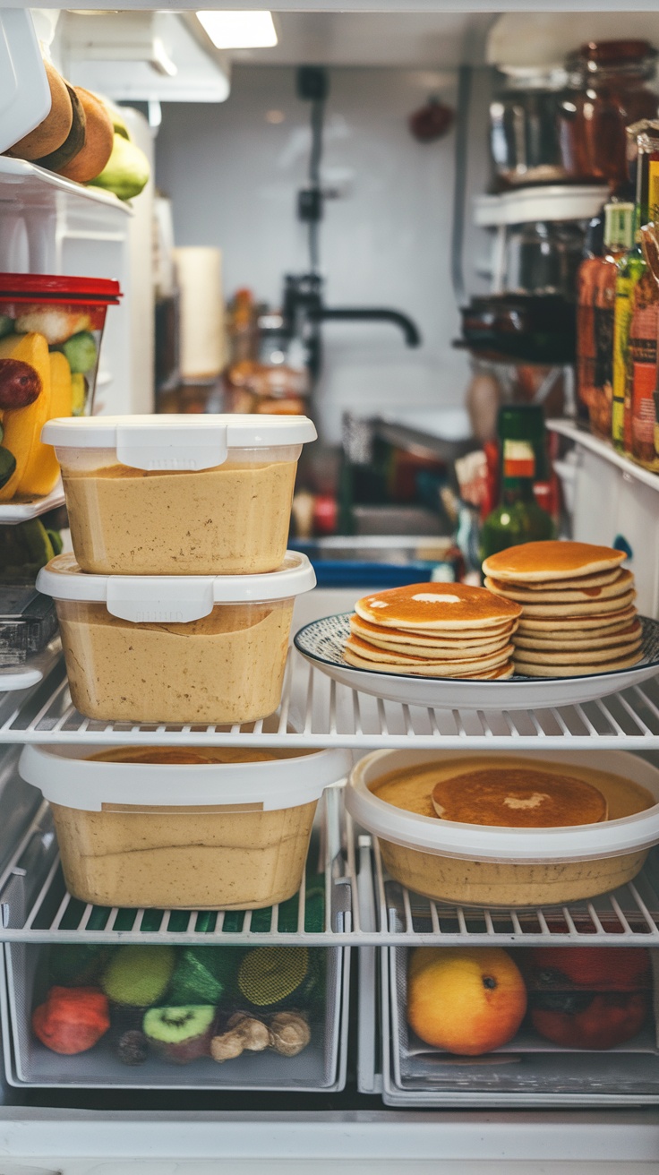 A refrigerator filled with containers of pancake batter and stacks of banana pancakes