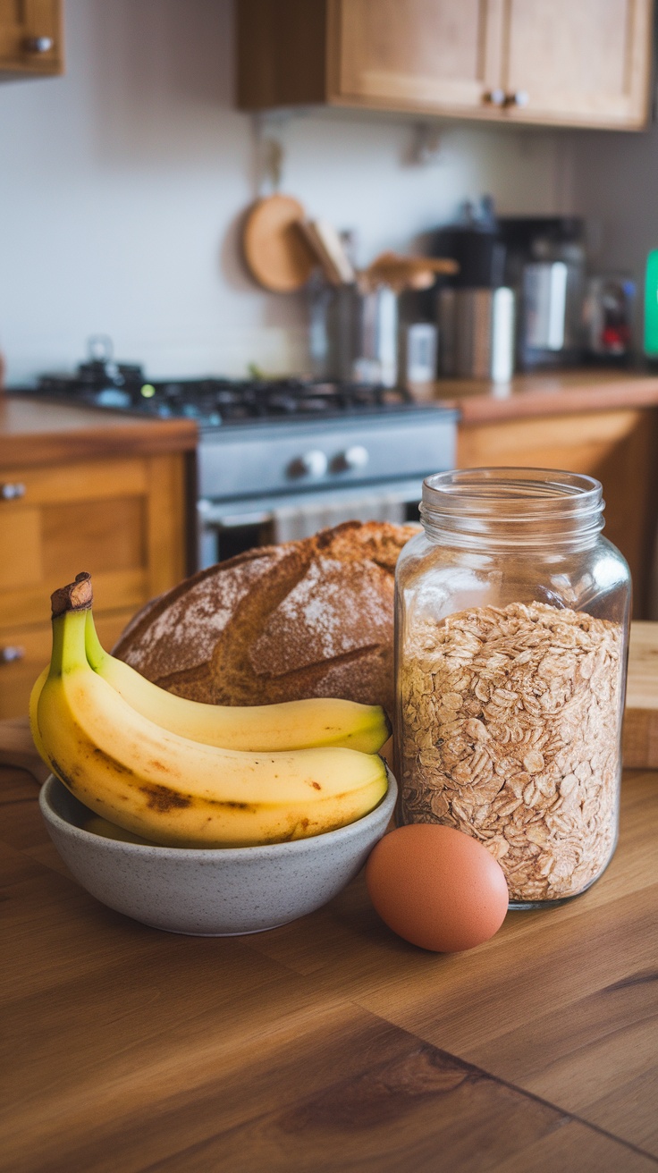 Ingredients for healthy banana pancakes including bananas, oats, an egg, and a loaf of bread in a kitchen setting.