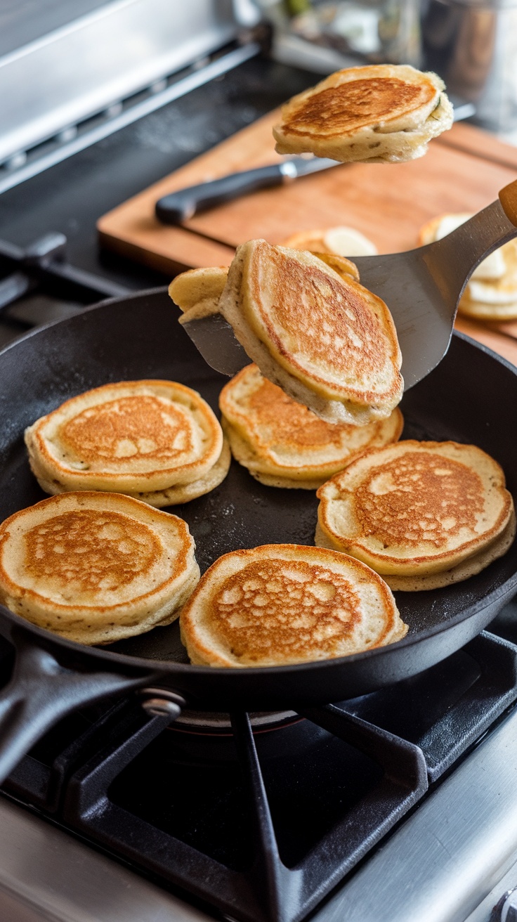 A skillet with golden-brown banana pancakes being flipped with a spatula.