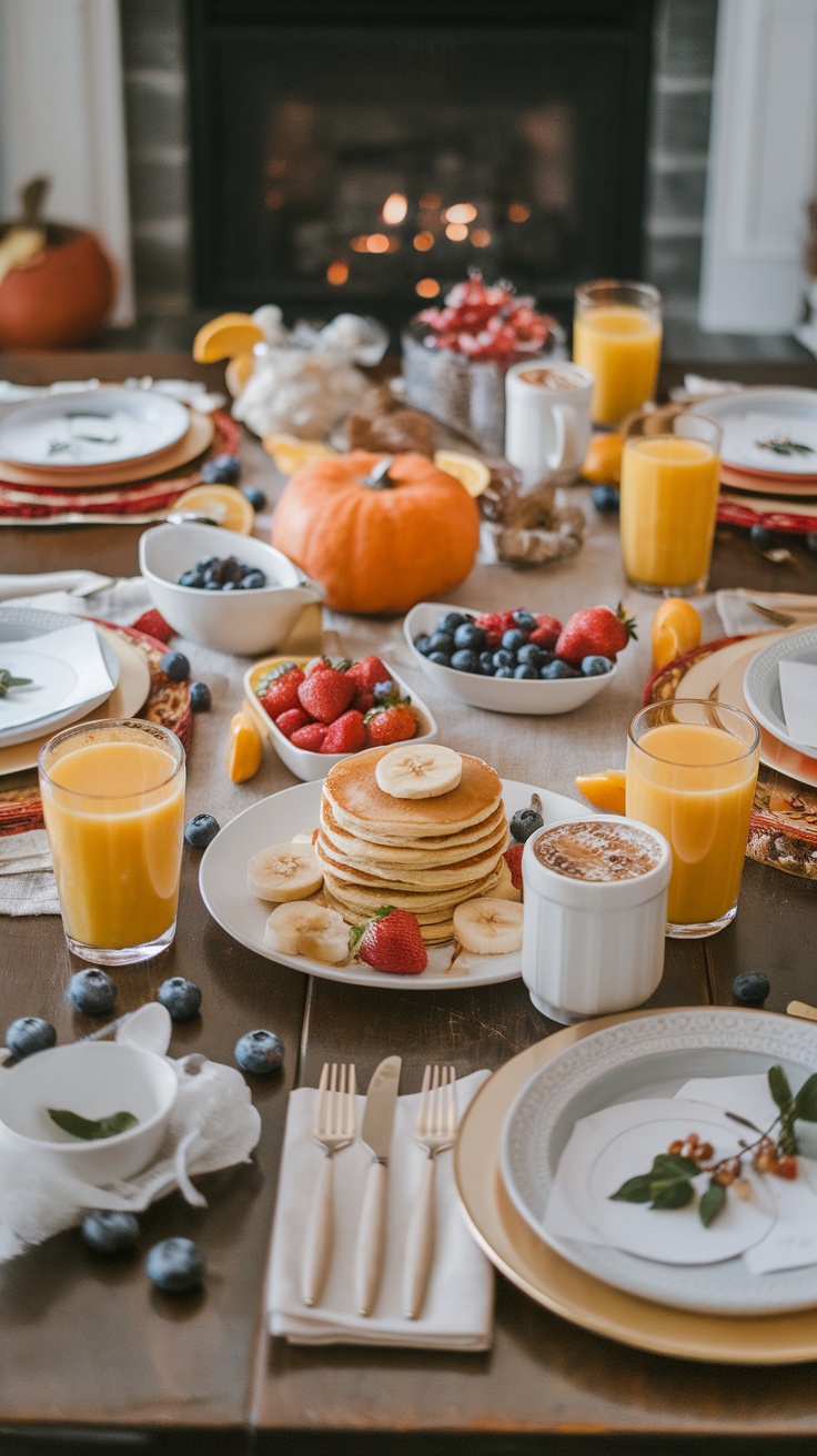 A beautifully set table with healthy banana pancakes, fresh fruits, and drinks.