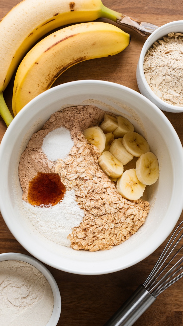 Ingredients for healthy banana pancakes including ripe bananas, oats, and flour.