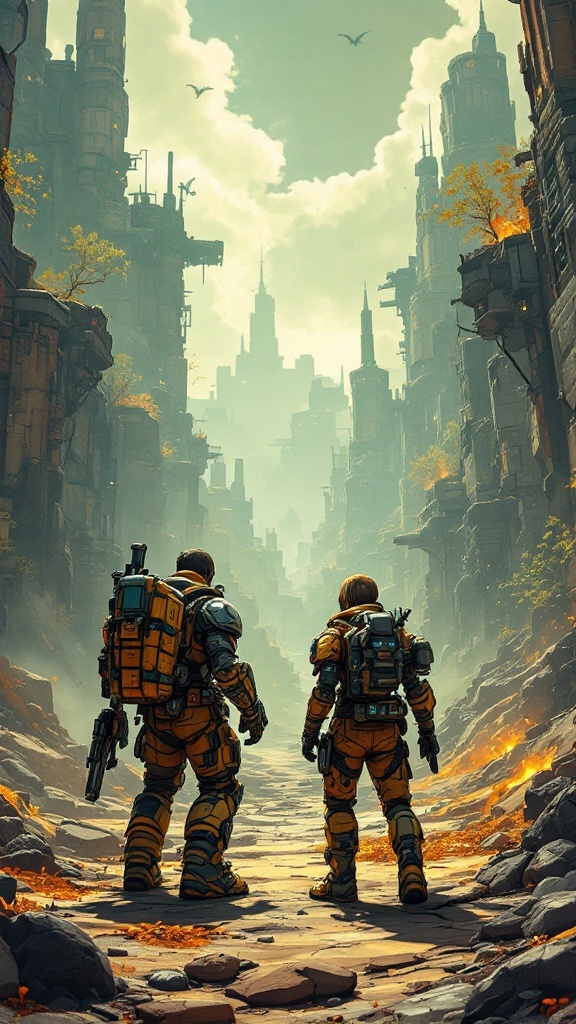 Two characters in futuristic gear ready for an adventure in a ruined city landscape.