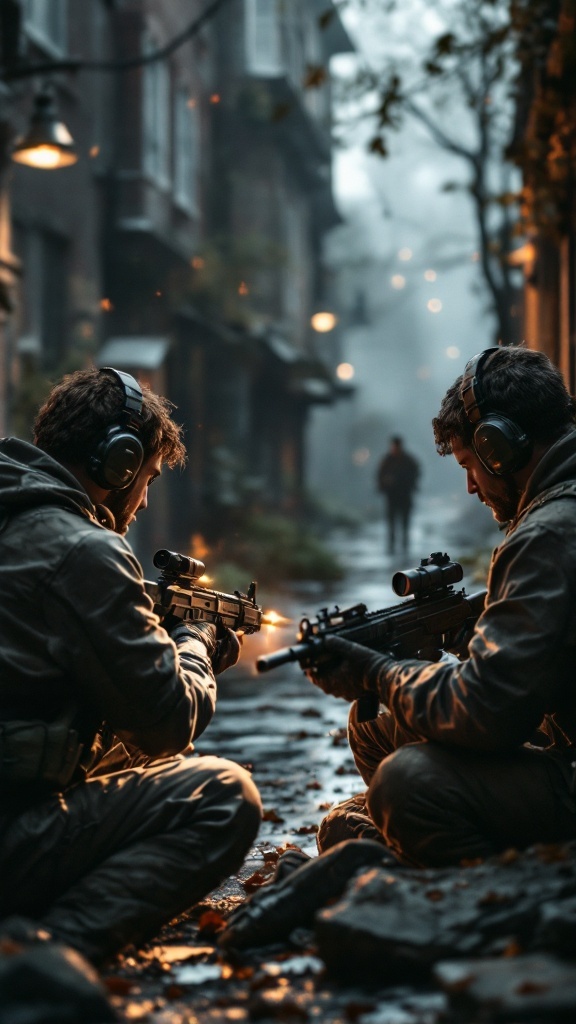 Two players preparing for tactical gameplay in a gritty urban setting.