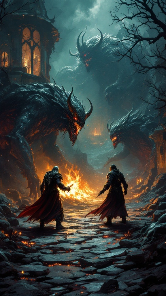 Two characters facing ominous creatures in a dark RPG setting