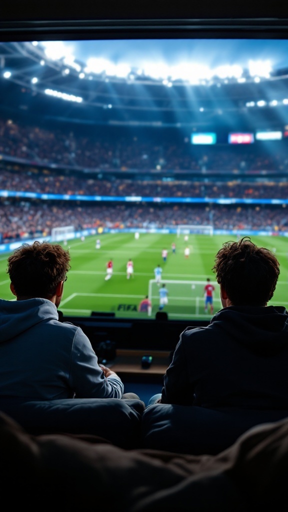 Two players sitting on a couch playing FIFA 22, focused on the game.