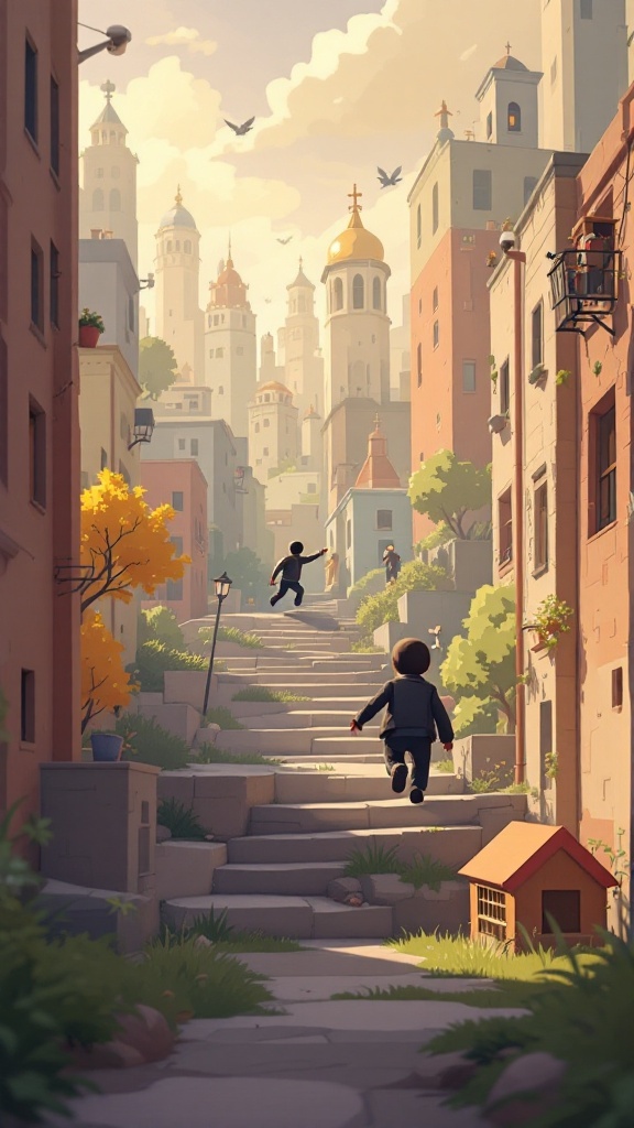 An animated scene depicting two characters running up a set of stairs in a colorful town with whimsical architecture.