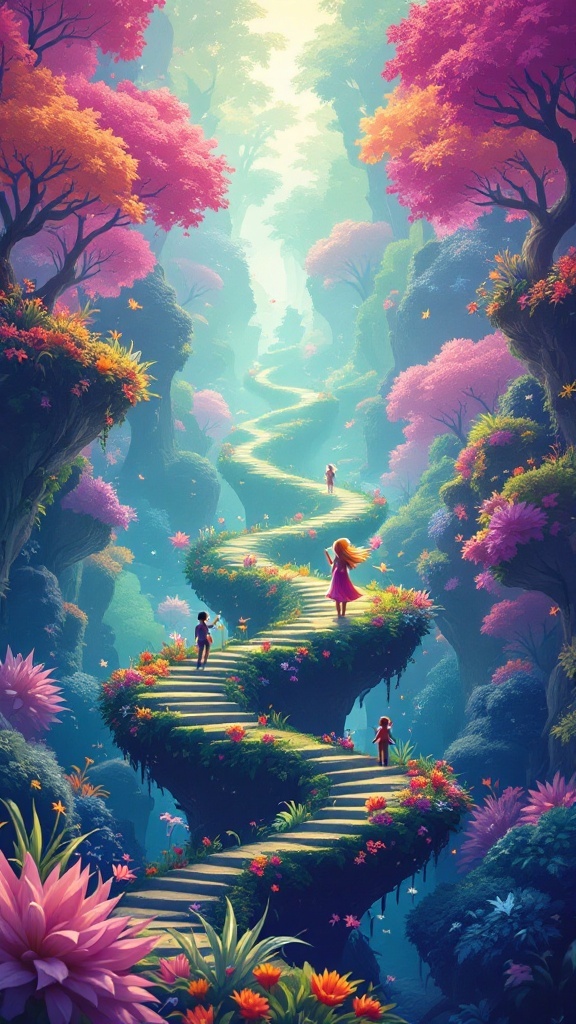 A vibrant fantasy landscape with a winding path surrounded by colorful trees and flowers.