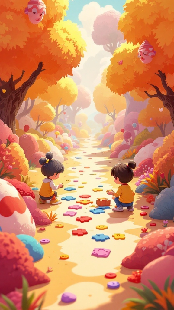 Two characters exploring a colorful pathway in a whimsical world.