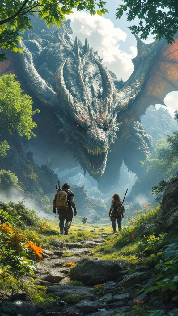 Two hunters facing a gigantic dragon in a lush, green landscape