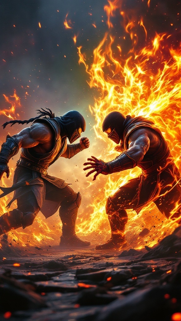 Two fighters battling in Mortal Kombat 11, surrounded by flames.