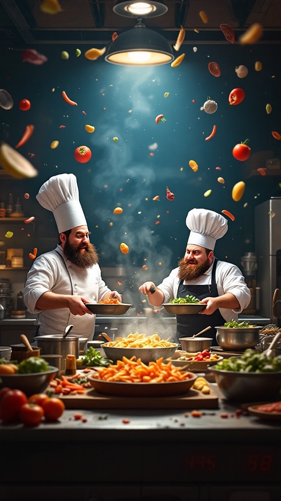 Two chefs in a kitchen tossing ingredients while preparing food.