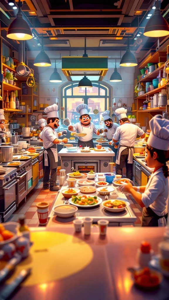 A busy kitchen scene from Overcooked! All You Can Eat with animated chefs preparing food