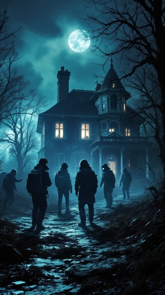 A group of ghost hunters approaching a haunted house under a moonlit sky.