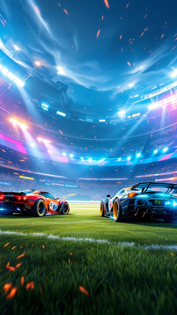 Two cars ready to play Rocket League in a colorful stadium