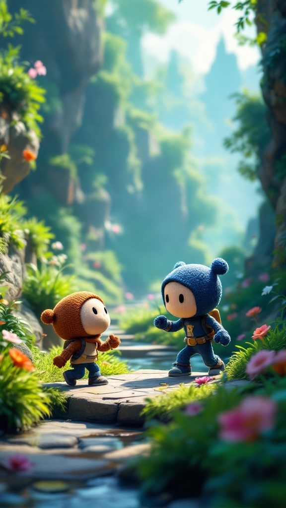 Two characters in a colorful, vibrant landscape, showcasing the cooperative action of Sackboy: A Big Adventure.