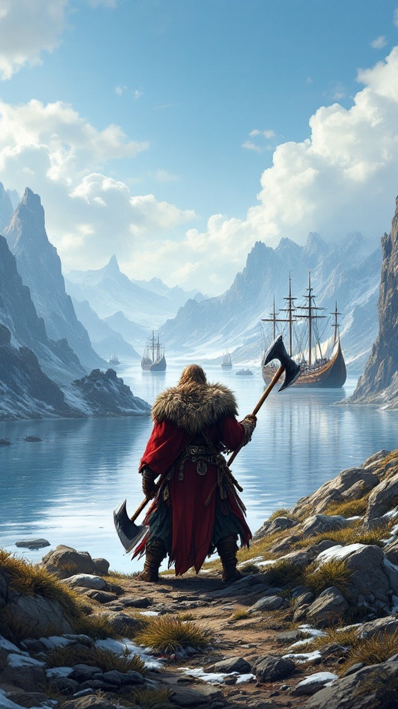 A Viking warrior standing on a rocky shore, overlooking distant ships in a mountainous landscape.