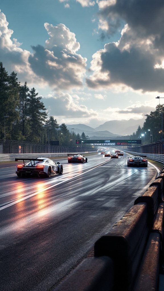 A group of race cars on a wet racetrack under a cloudy sky