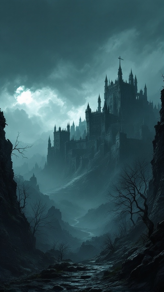 A dark and eerie image of a castle surrounded by a misty landscape, representing the atmosphere of Demon's Souls.