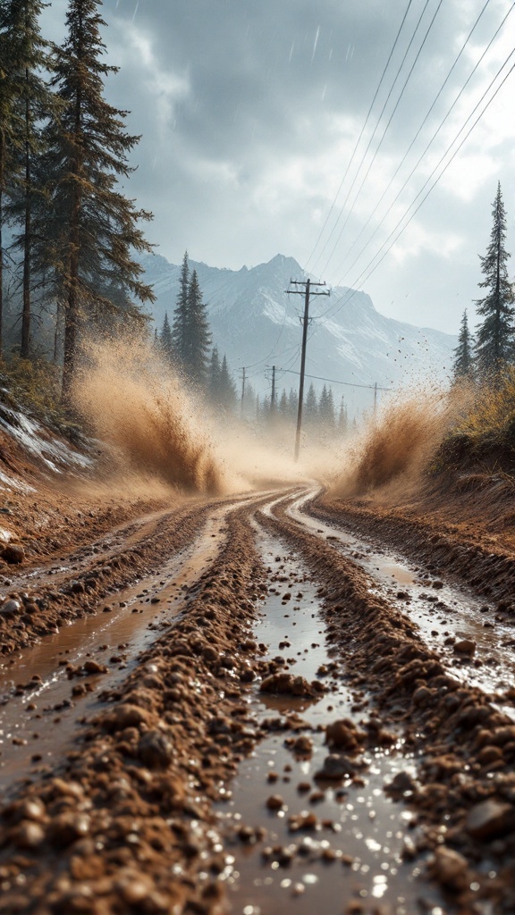 A muddy and bumpy off-road track surrounded by trees and mountains