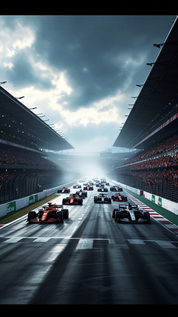 F1 racing scene with cars on the track under a cloudy sky, surrounded by spectators.