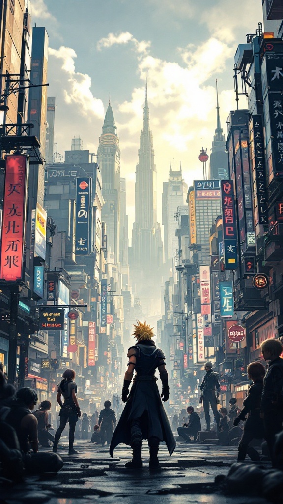 Cloud Strife standing in a busy city street with neon lights and tall buildings in the background, representing Final Fantasy VII Remake Intergrade.