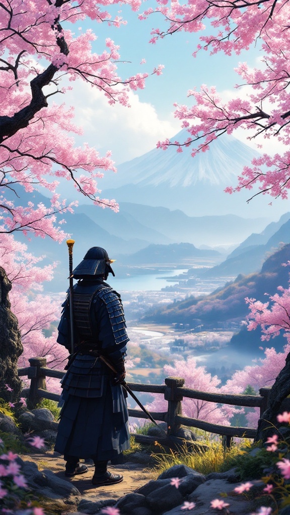 A samurai standing in a landscape filled with cherry blossoms and Mount Fuji in the background