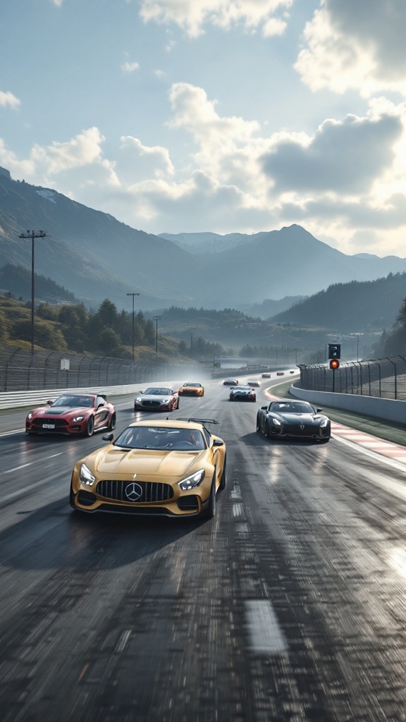 A scene from Gran Turismo 7 featuring several racing cars on a track with a mountainous backdrop.