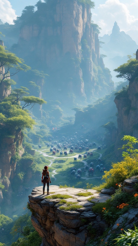 Aloy standing on a cliff overlooking a lush valley filled with robotic creatures.