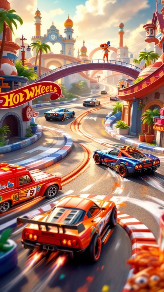 A vibrant racing scene from Hot Wheels Unleashed featuring colorful cars on a winding track.