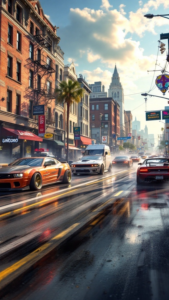 A vibrant street racing scene from Need for Speed: Unbound, featuring various cars and an urban backdrop.