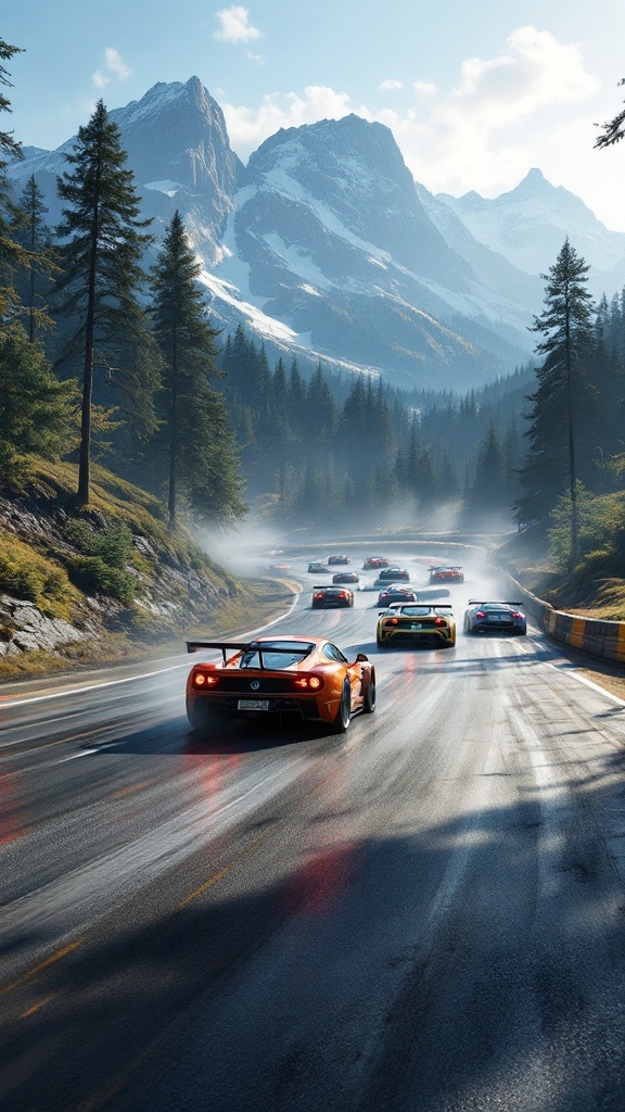 Cars racing on a winding road with mountains in the background