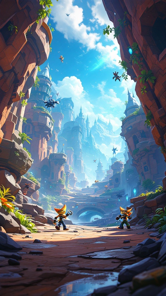 Colorful landscape with Ratchet and Clank in the foreground and futuristic structures in the background.