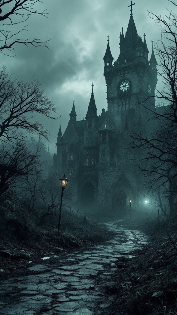 A dark, eerie castle in a foggy landscape, surrounded by twisted trees and a winding path.