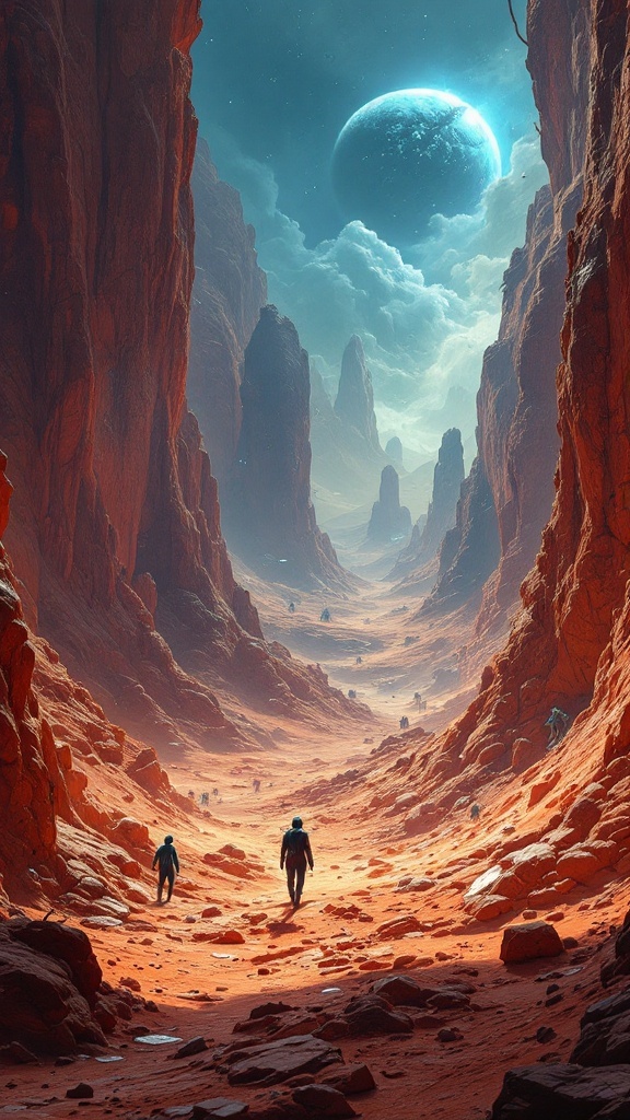 A vast alien landscape with two figures walking through a rocky terrain, under a sky with a large planet and clouds.