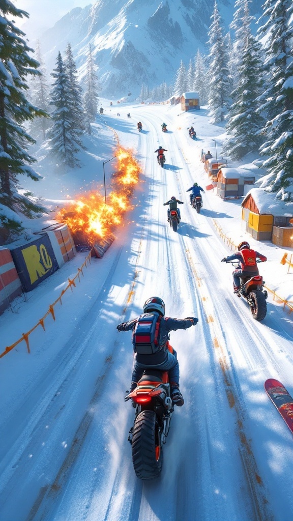 Riders Republic racing scene with players on snow-covered slopes, including motorcycles and snowboards with explosions in the background.