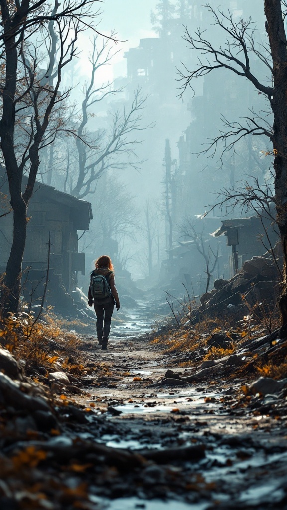 A character walking through a misty, abandoned landscape with trees and ruins.