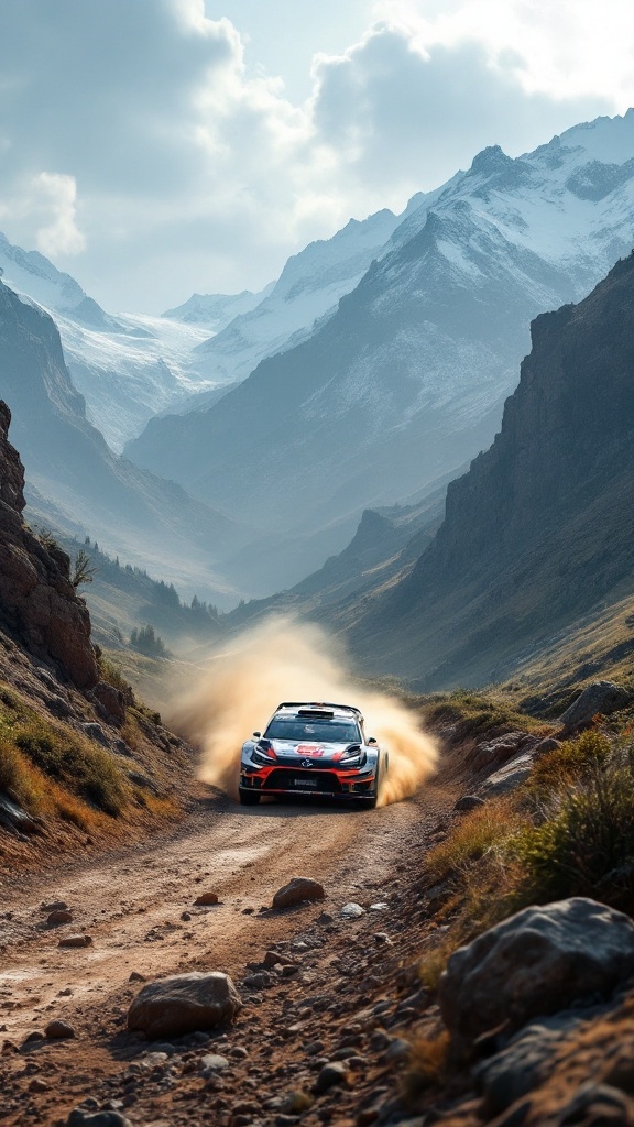 A racing car on a dirt track surrounded by mountains, kicking up dust.