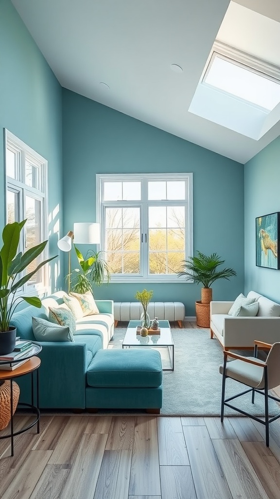 Bright and airy living room with turquoise walls, large windows, and plants.