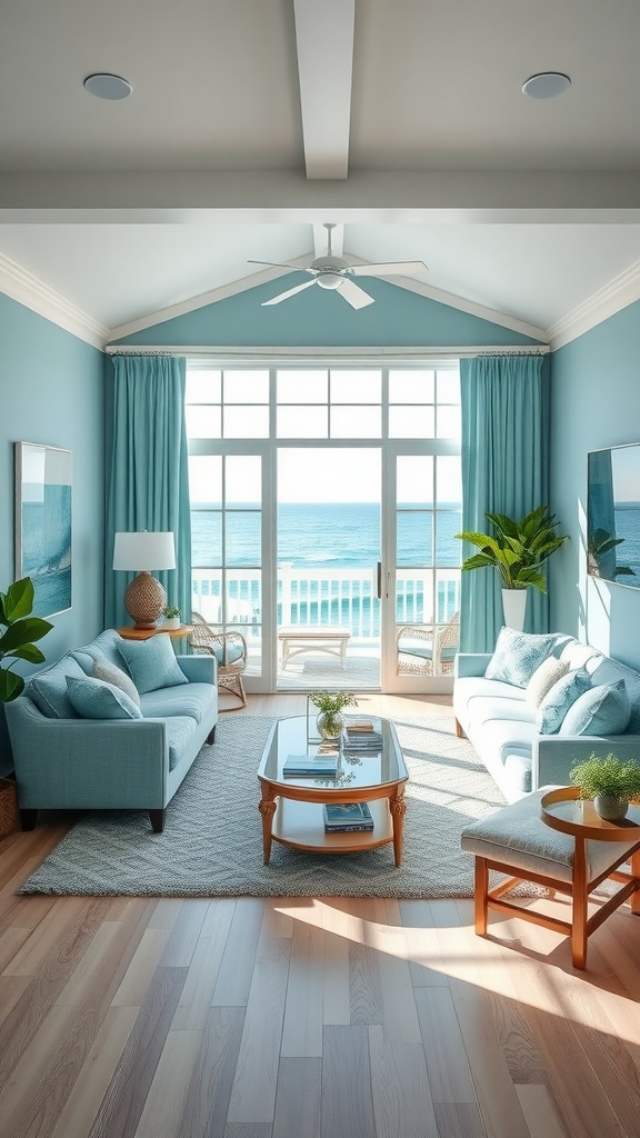 A coastal-inspired living room with blue walls, light-colored sofas, and large windows overlooking the ocean.