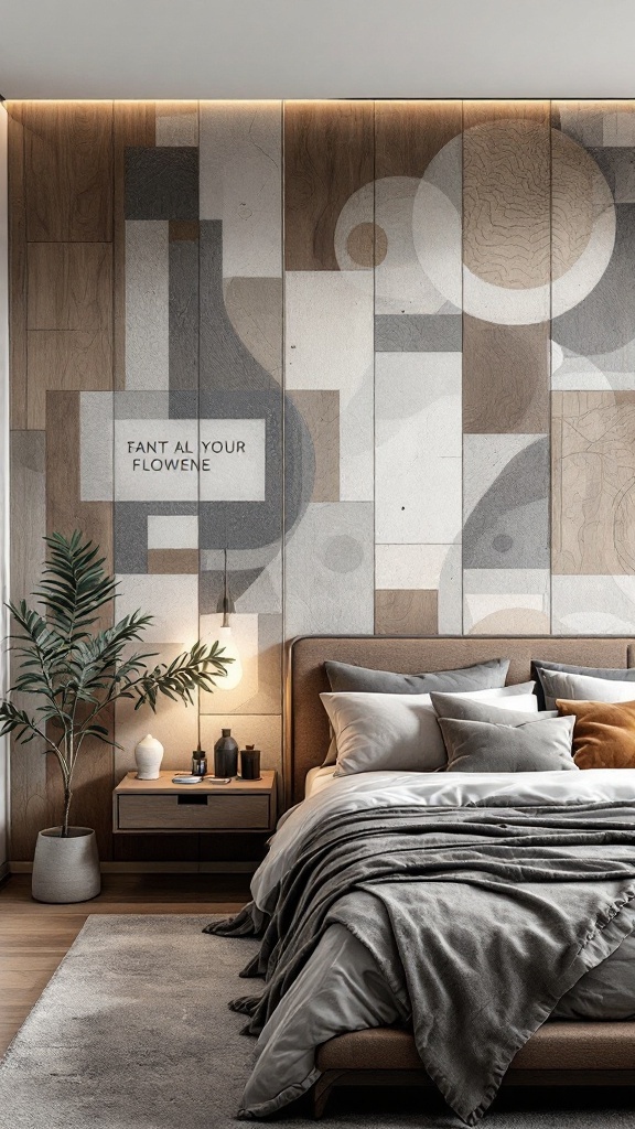 Modern bedroom with artful wall treatments featuring geometric patterns and wood textures